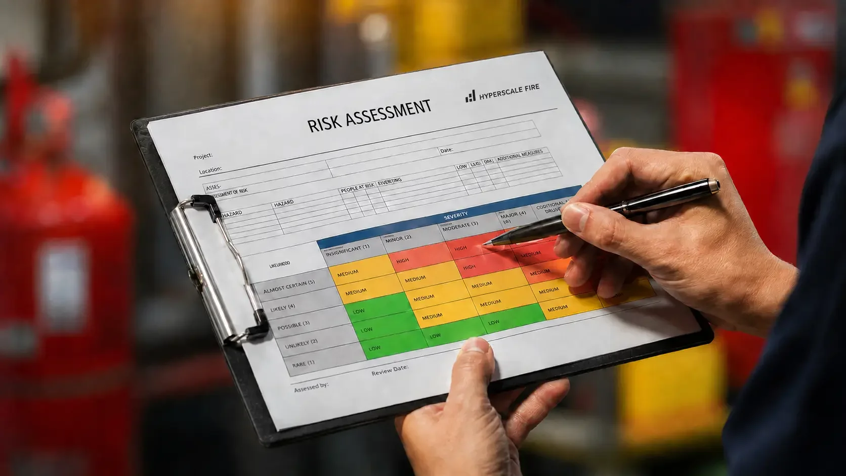A person holding a clipboard with a risk assessment chart, marking items with a black pen. The chart is color coded with green, yellow, and red sections indicating risk levels.