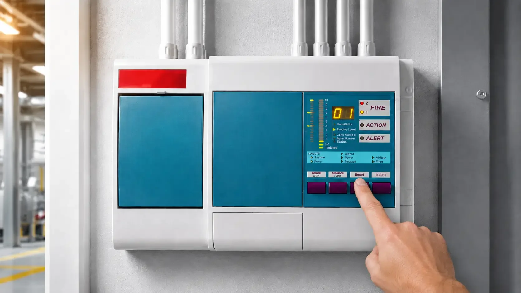 Person pressing the reset button on a fire alarm control panel in an industrial setting.