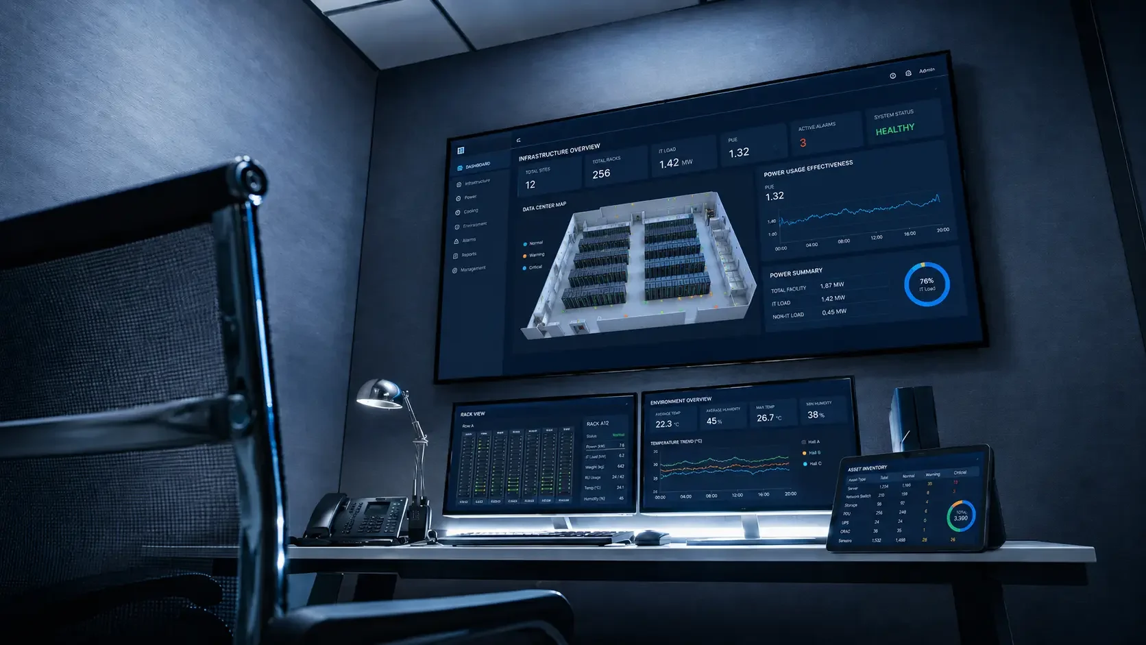 A modern control room with multiple monitors displaying data about a data center's infrastructure, environment, and power usage, accompanied by a desk with a phone, a lamp, and a tablet.