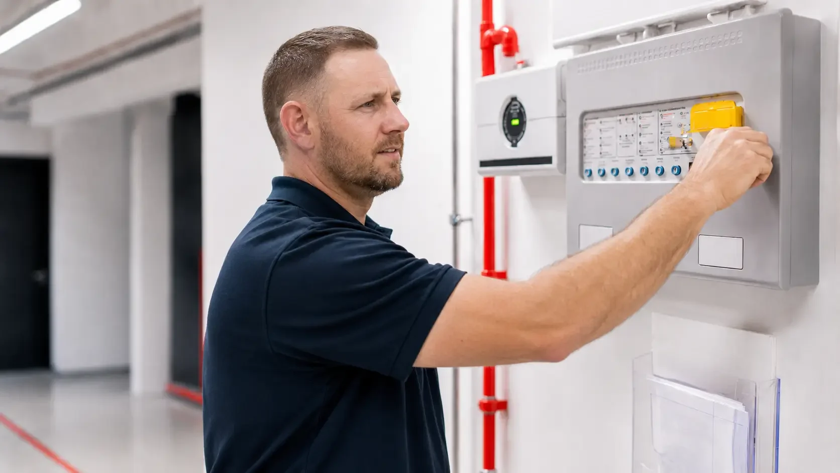 A man in a navy polo shirt adjusting a yellow switch on an electrical control panel in a modern building corridor.