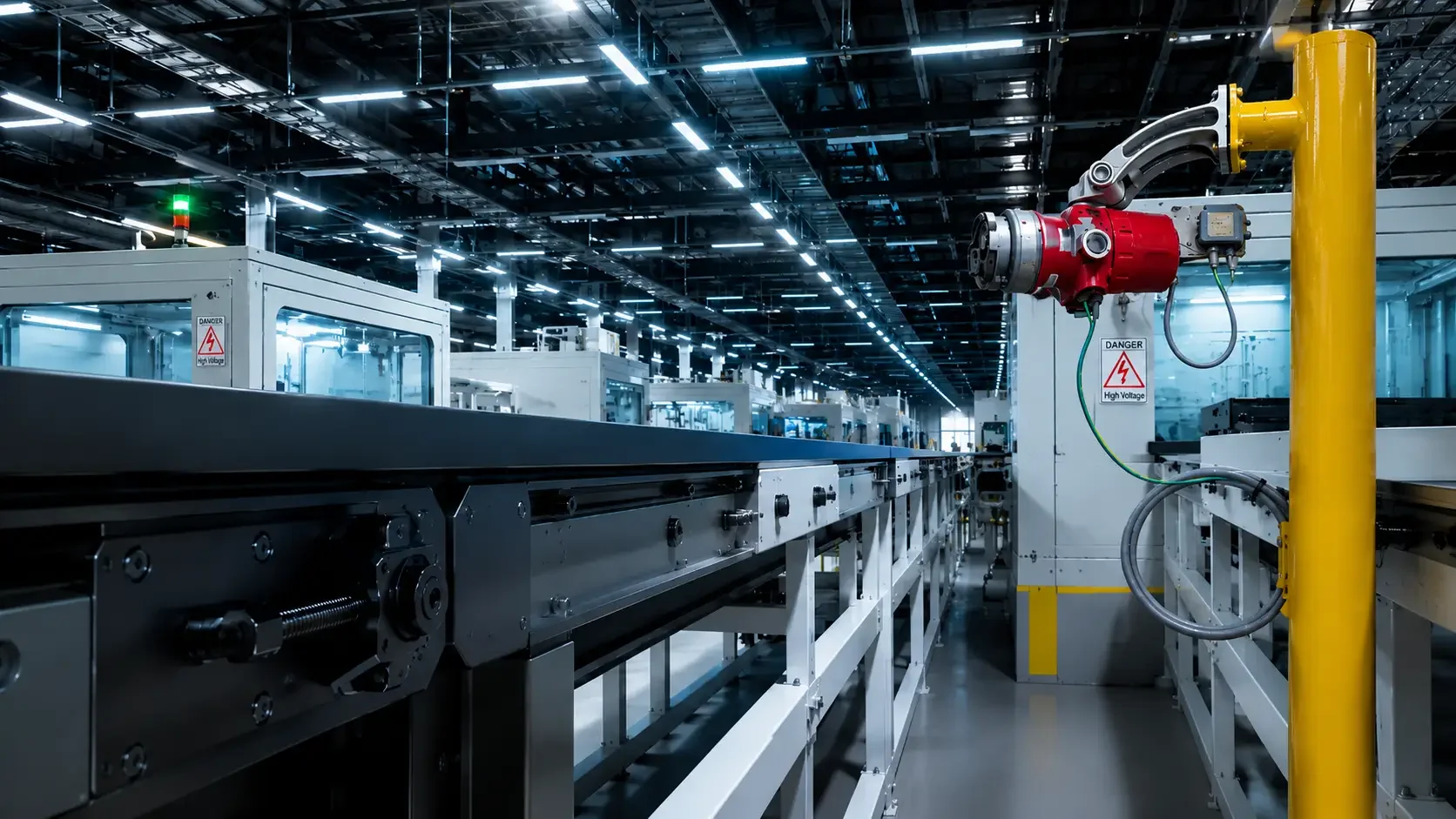 A manufacturing factory with robotic arm machinery and conveyor belts in a well-lit, high-tech environment.