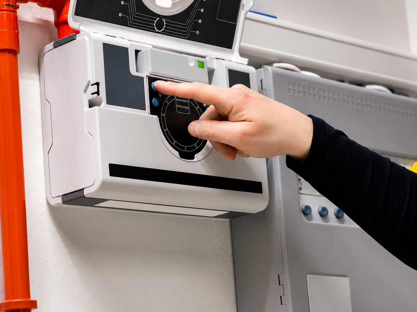 A person using a control panel with various buttons and a circular dial, mounted on a wall, with orange pipes next to it.