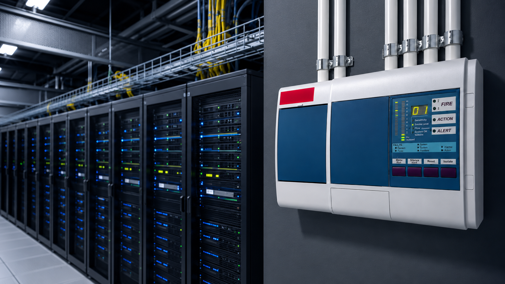 A server room with multiple black server racks containing blinking blue and green lights, and a fire alarm control panel mounted on the wall with indicator lights and buttons.