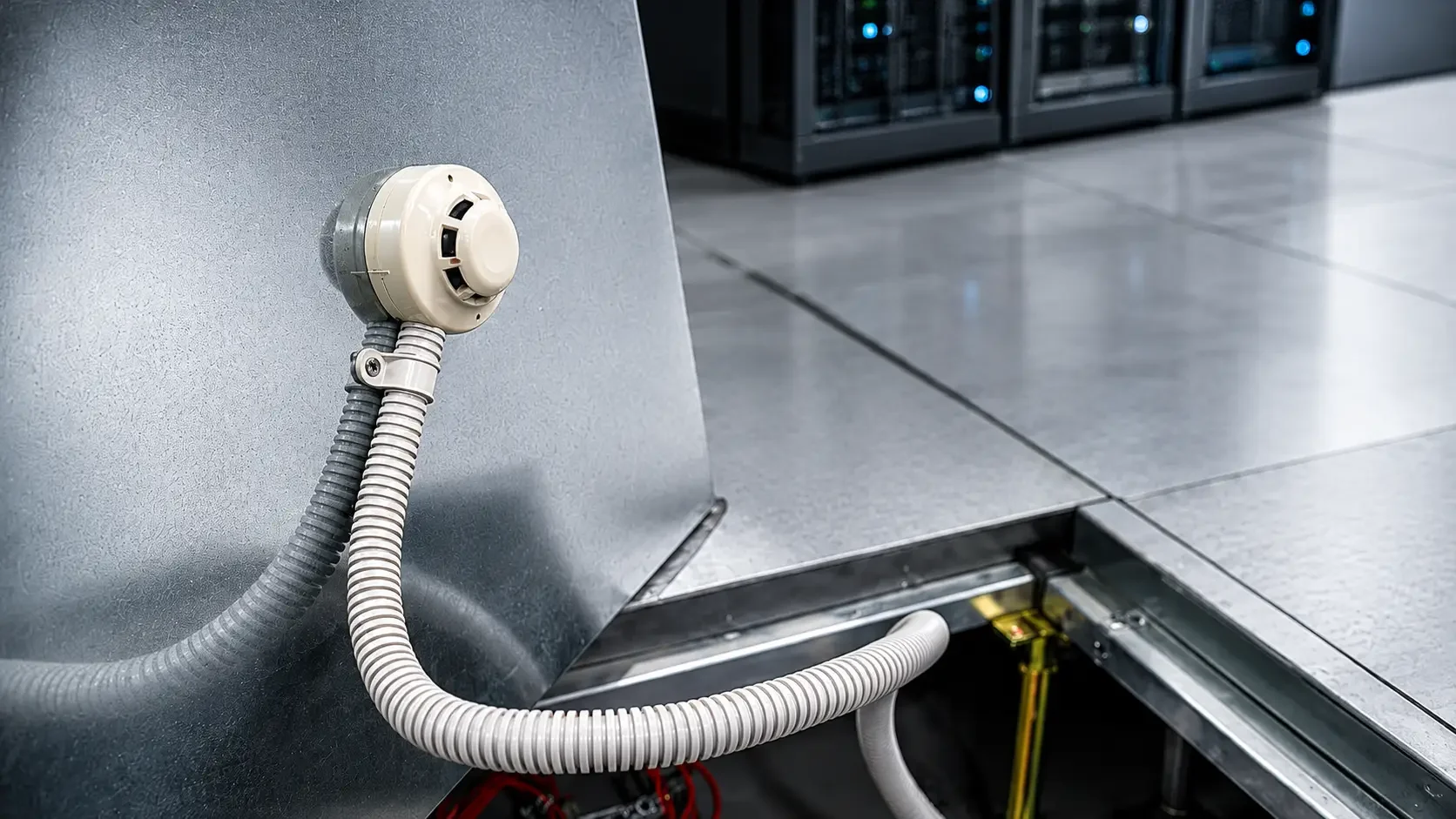 Close-up of a fire alarm detector mounted on a metallic surface in an industrial or server room with gray tiled floor and server racks in the background.