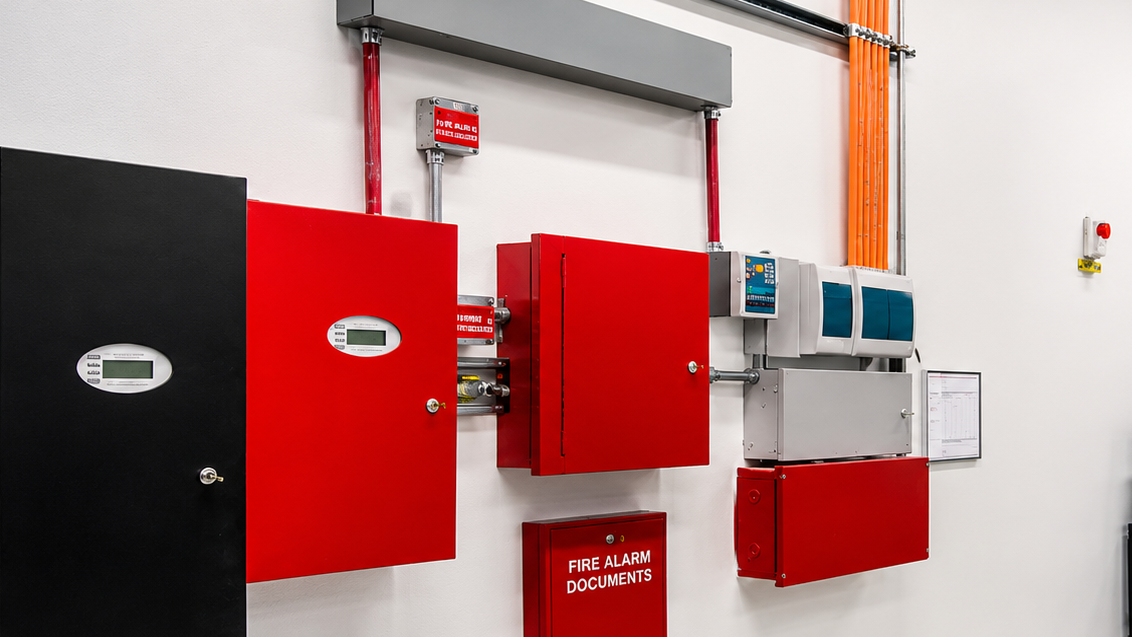 Electrical and fire safety cabinets and equipment on a white wall, including black and red boxes with display screens, an orange conduit pipe, and a red fire alarm documentation box.