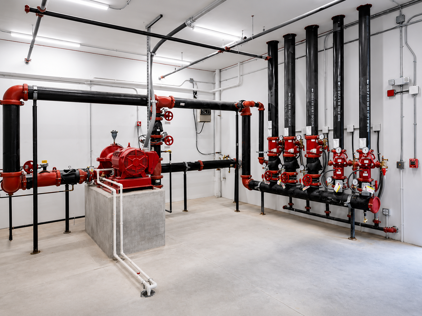A fire sprinkler system room with black pipes, red valves, and a red pump on a concrete platform, installed on white walls and ceiling.