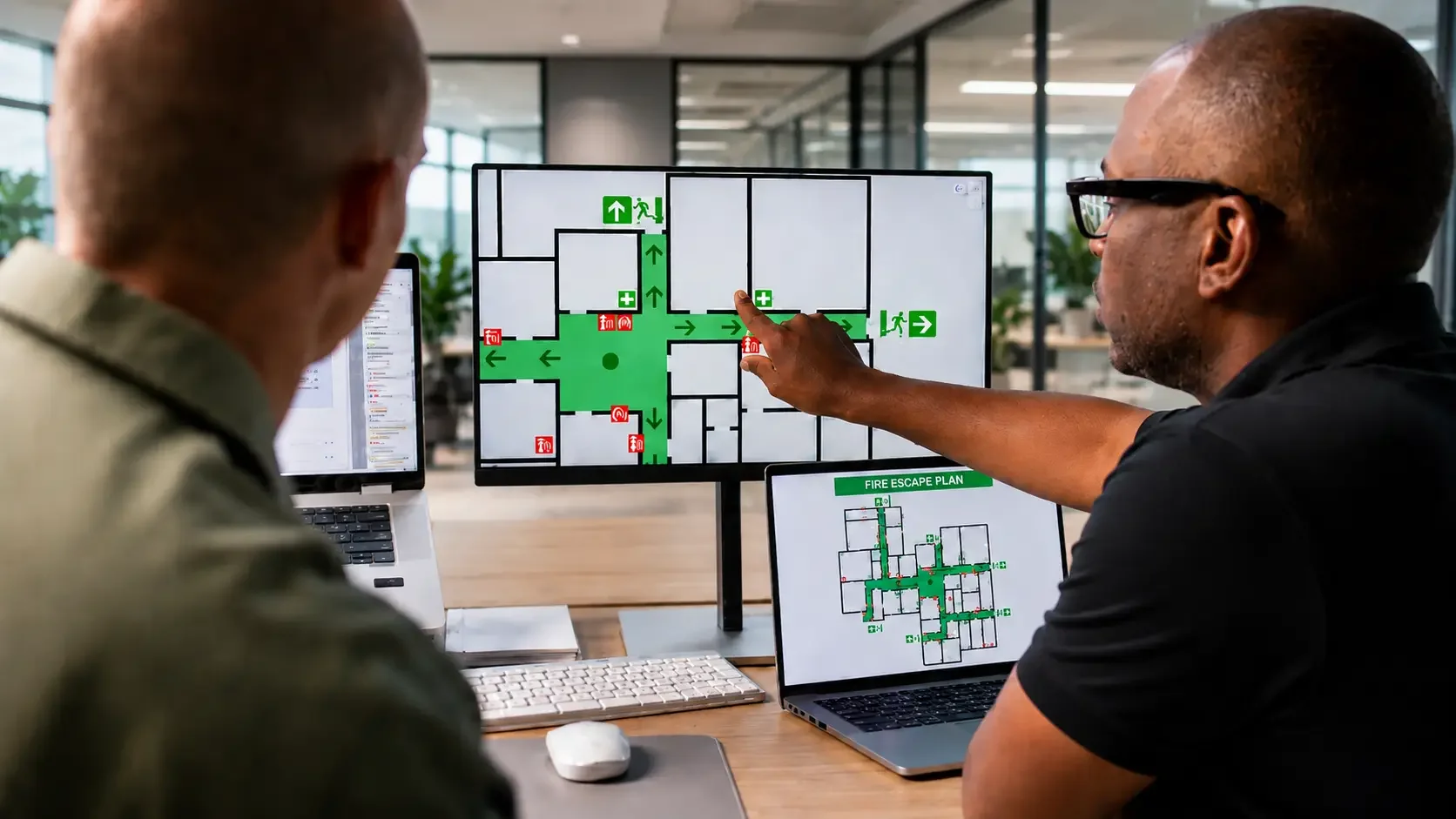 Two men sit at a desk, looking at a digital fire escape plan on a computer monitor. One man points at the screen, which displays a building layout with green and red emergency signs and arrows indicating escape routes.