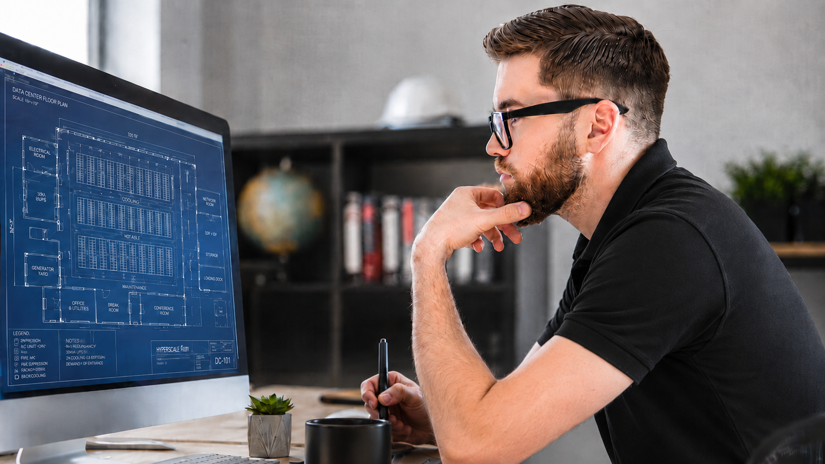 Man with glasses and beard reviewing blueprints on a computer screen in an office