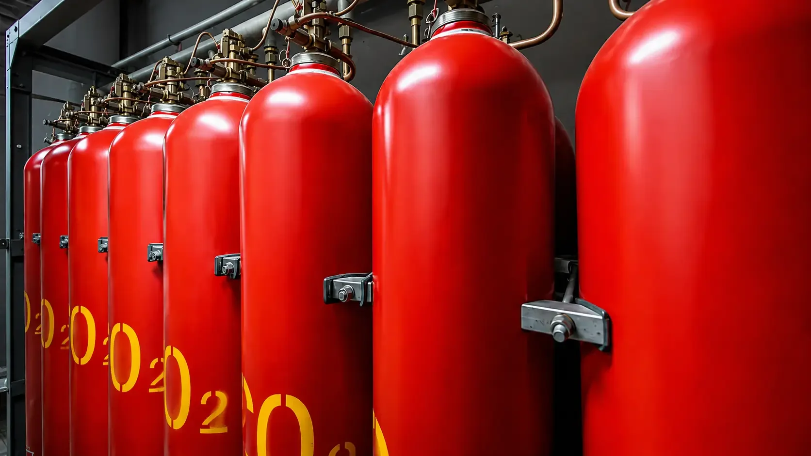 Multiple red fire extinguishers with yellow numbers and black handles mounted on a wall in a row.