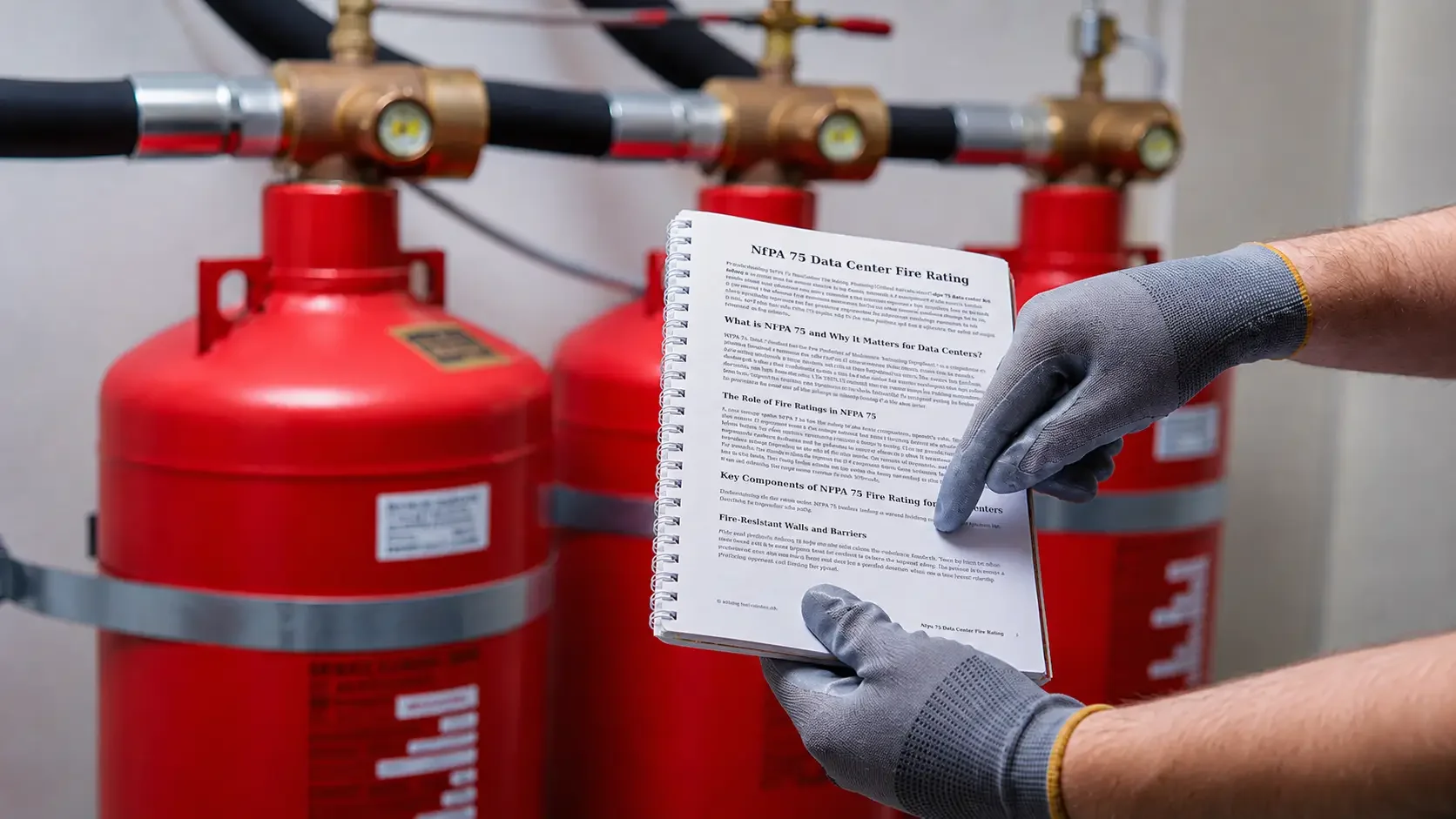 Person wearing gloves holds a booklet titled 'NFPA 75 Data Center Fire Rating' in front of red fire suppression tanks connected by piping, used for fire safety in data centers.
