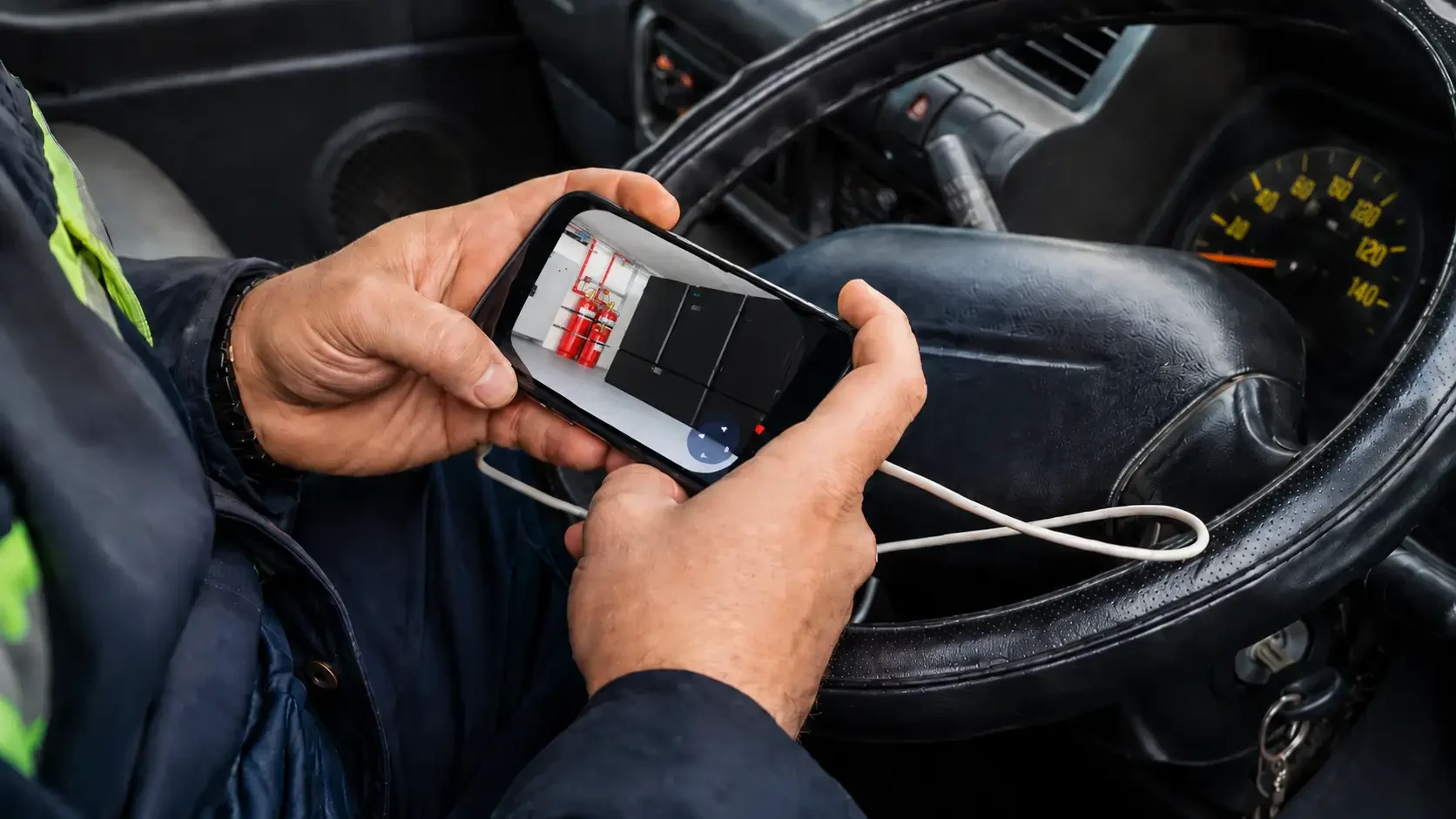 A person sitting inside a vehicle, possibly a bus or truck, holding a smartphone and taking a picture of fire extinguishers on a wall inside an industrial or storage room.