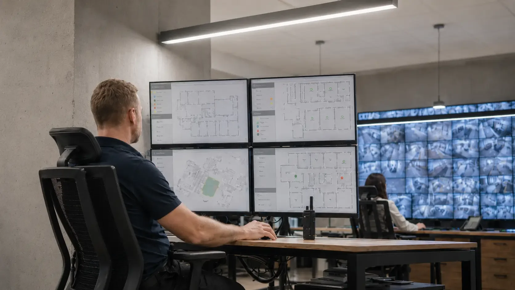 A man sitting at a desk with four monitors displaying floor plans and maps. In the background, a woman is working at a large wall of surveillance camera feeds in a control room.