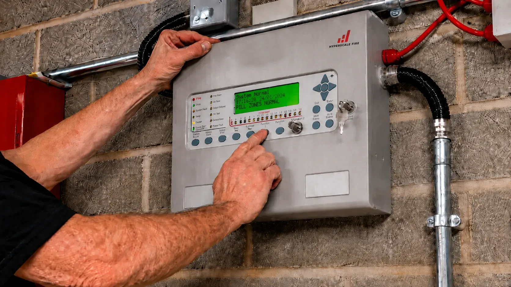 A person adjusting a fire alarm control panel on a brick wall.