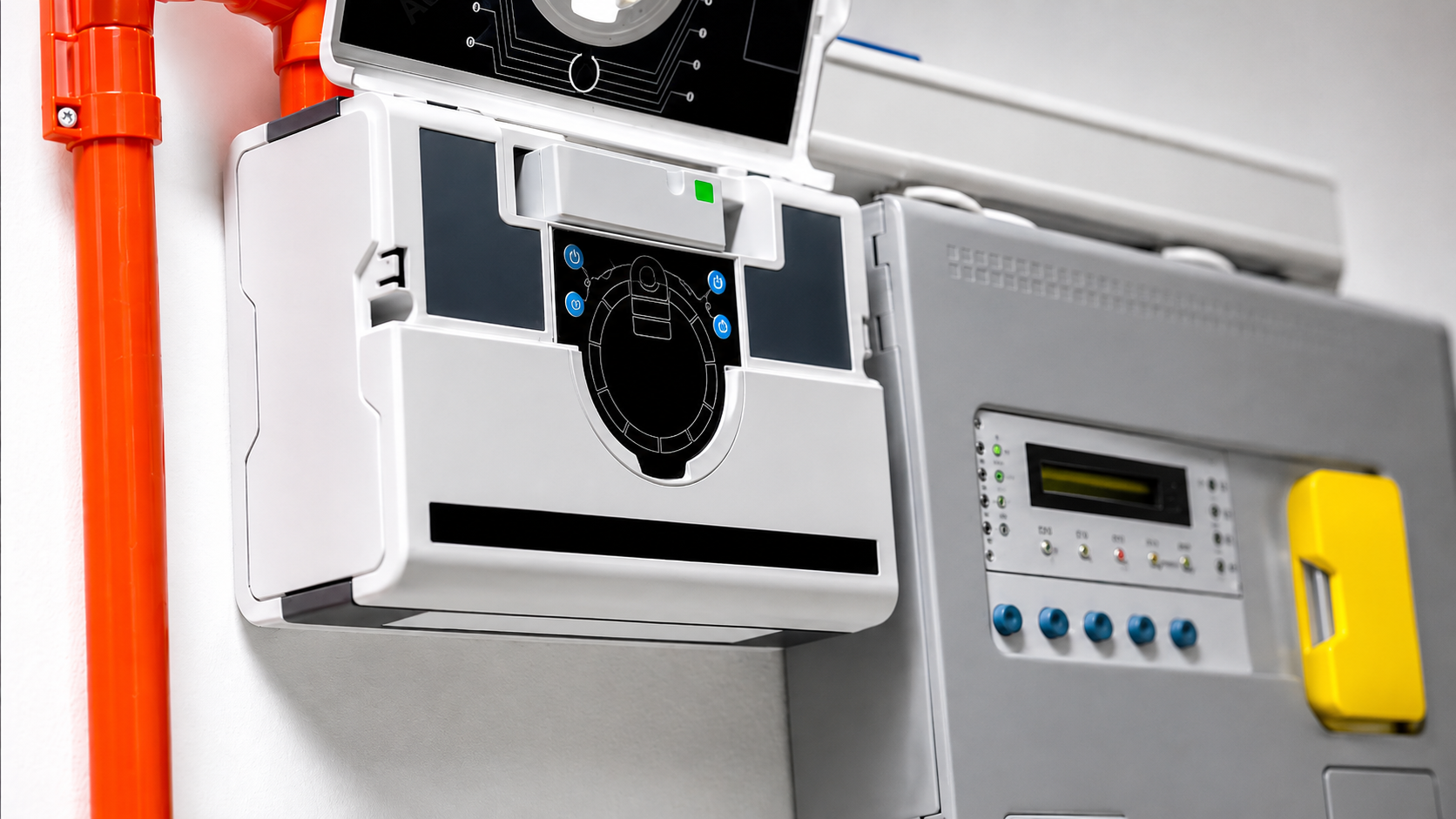 An emergency medical equipment panel featuring a defibrillator, control panel with buttons, and a yellow handle, mounted on a wall with orange pipes nearby.