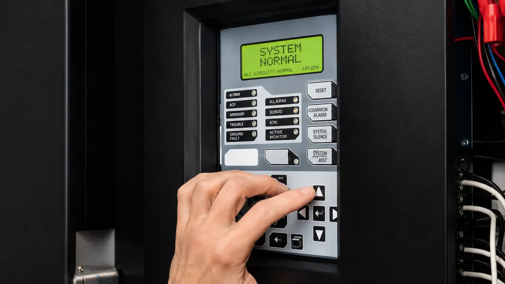 Close-up of a person's hand operating a control panel with multiple buttons and a green display that reads 'SYSTEM NORMAL' in a black enclosure.