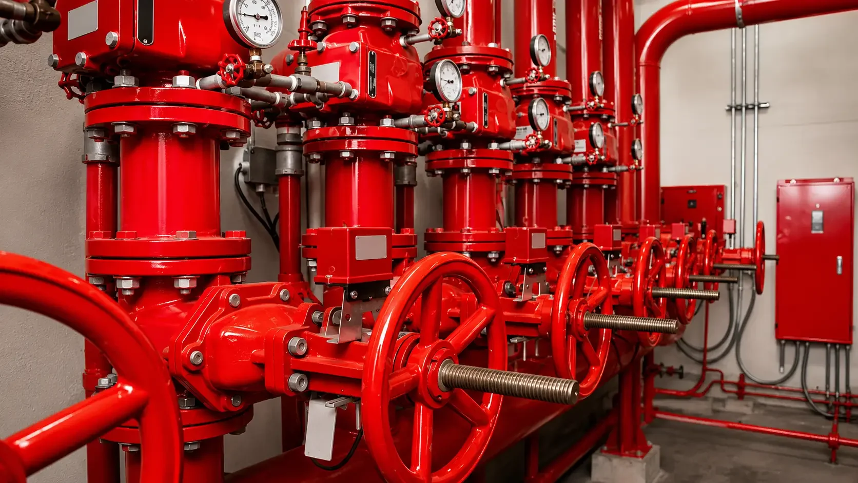 A series of red pipes, valves, and gauges in a fire protection system or industrial setting.