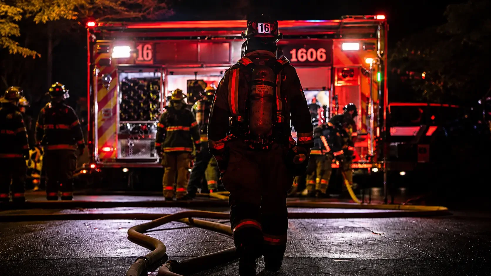 Firefighters in gear working at night, with a fire truck in the background