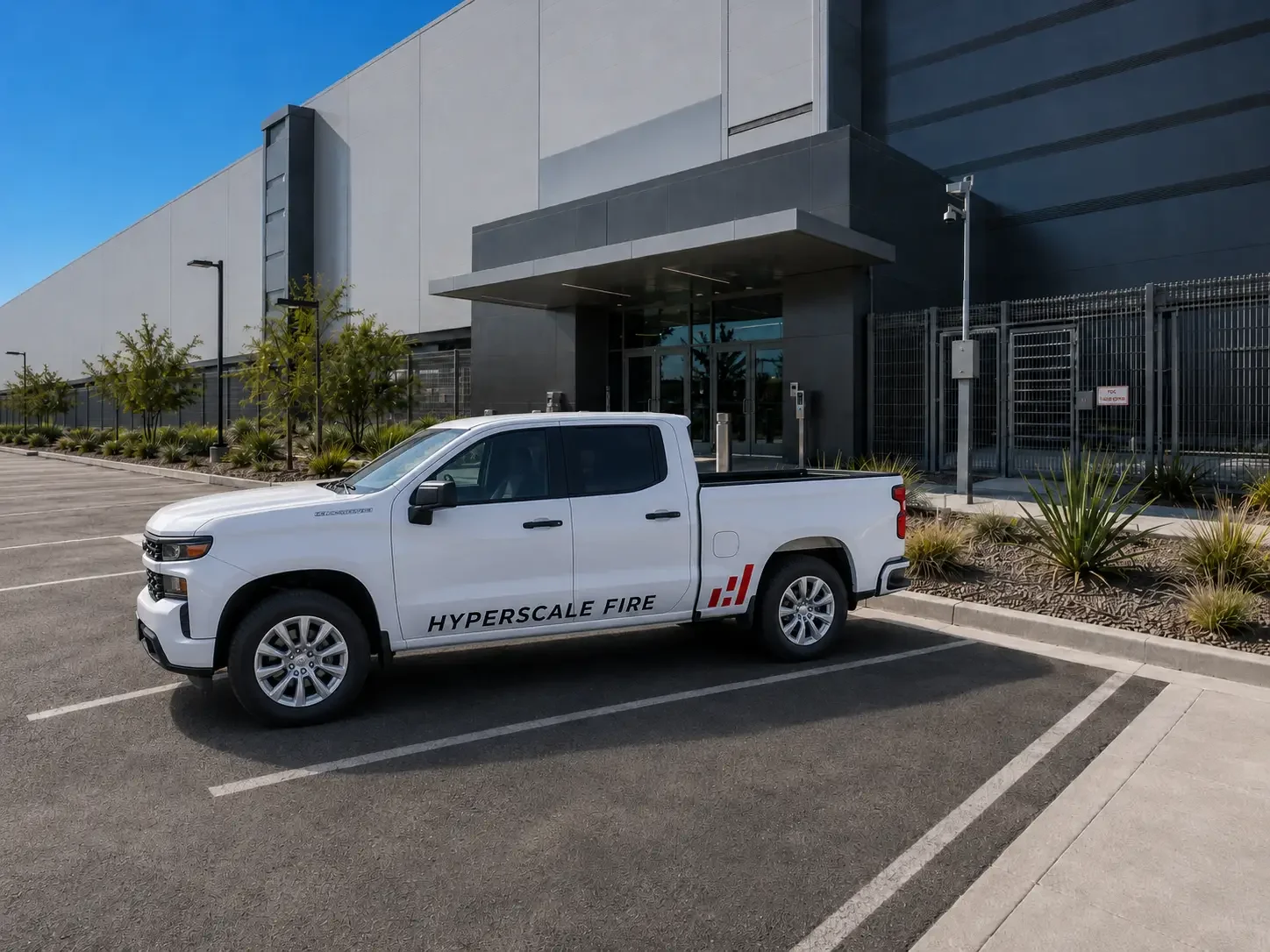 White pickup truck with 'HYPERSCALE FIRE' logo parked in an empty parking lot outside a modern building with landscaping and a fence.