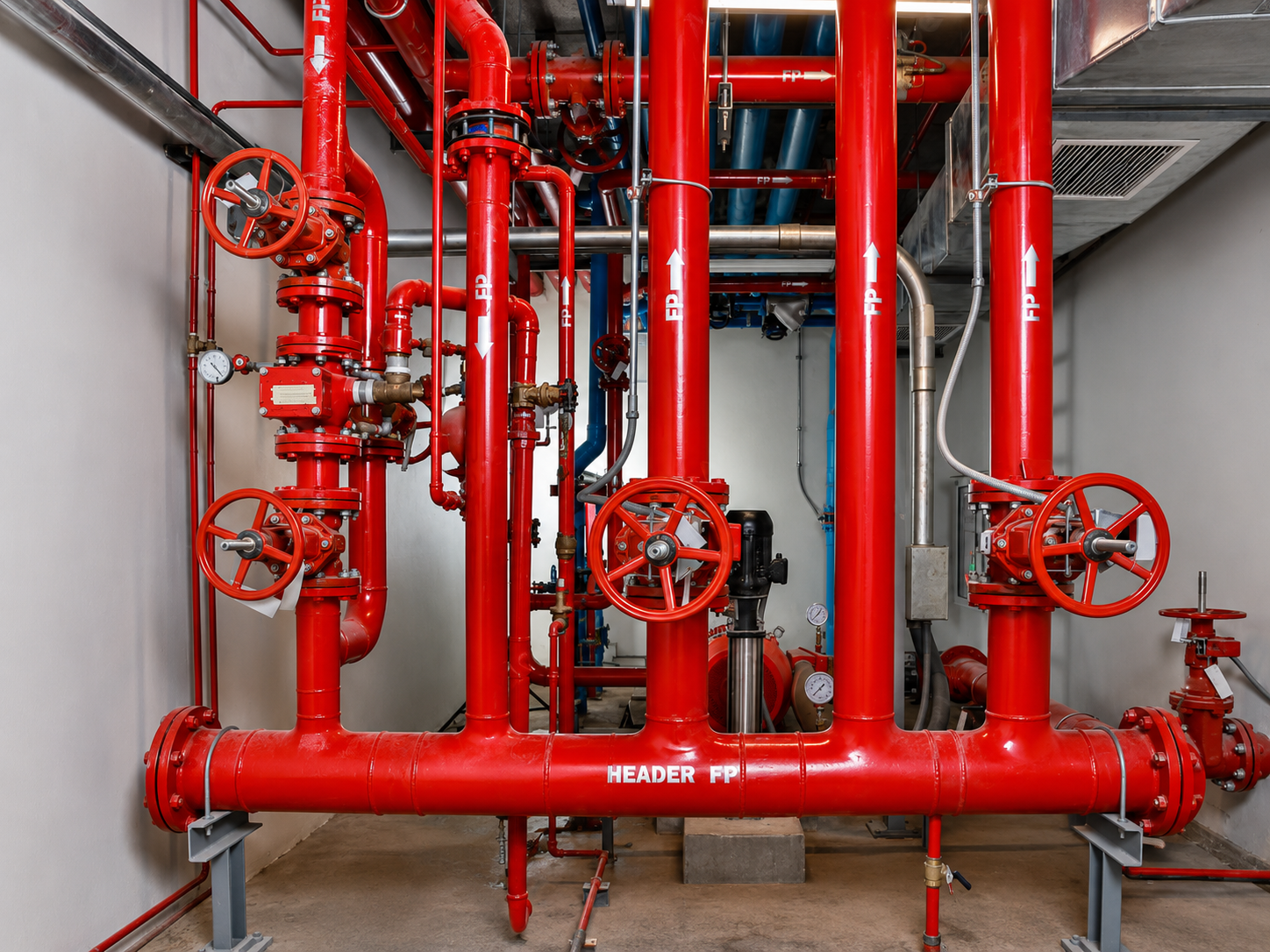 A complex fire sprinkler system with red pipes, valves, and gauges in a mechanical room.