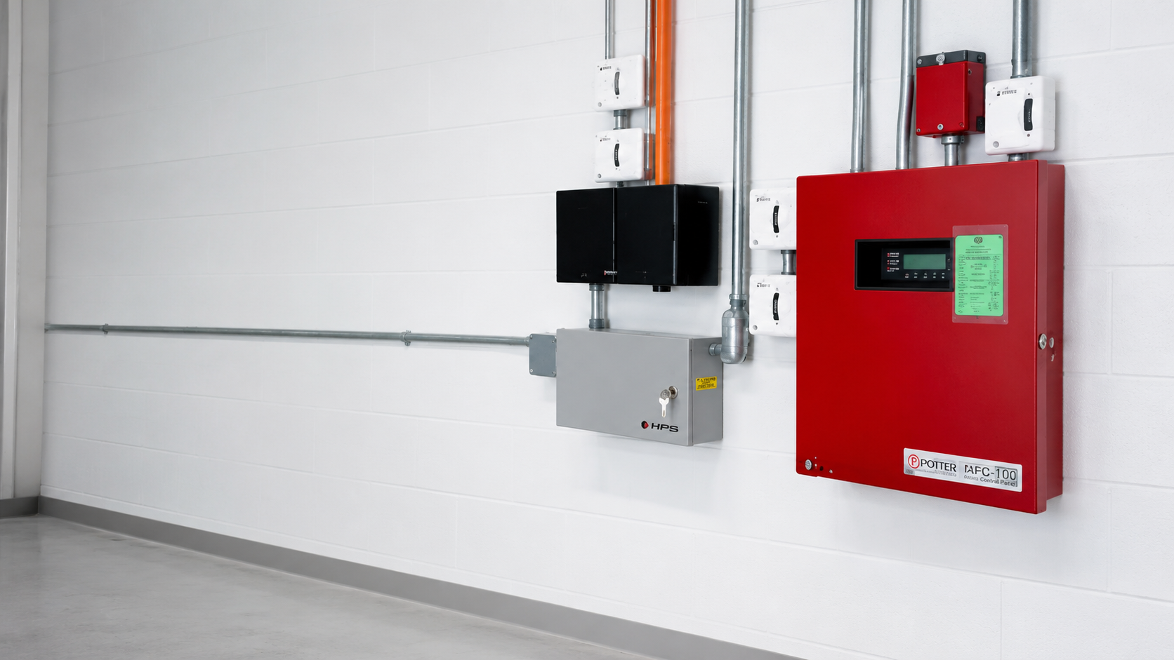 Fire alarm and control panel mounted on a white wall with conduit pipes.