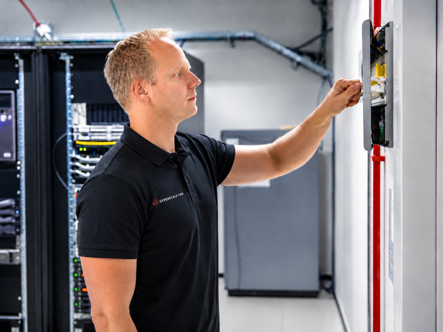 A man operating an electrical panel or control board in a server room or data center.