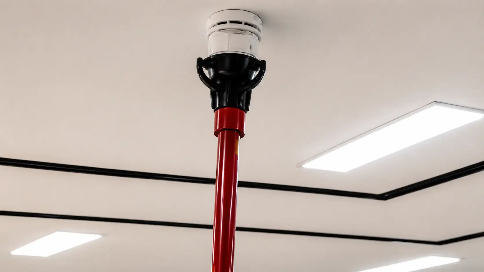 A red fire hose reel mounted on the ceiling of a room with fluorescent lights and black trim.
