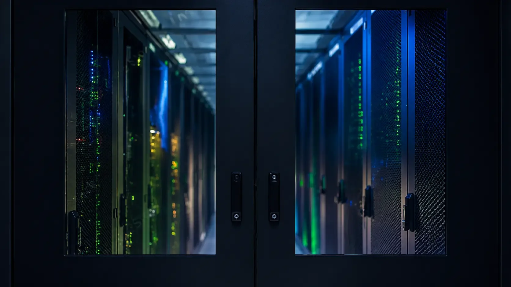 View through glass doors of a data center server room with rows of servers with blinking green and blue lights.
