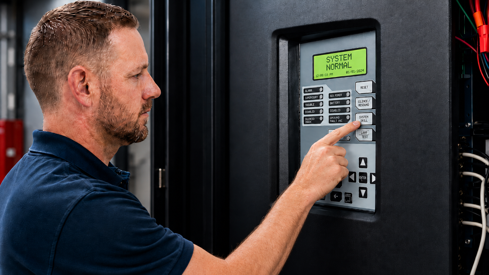 A man operating a control panel in a data center or server room, with a green display reading 'System Normal'.