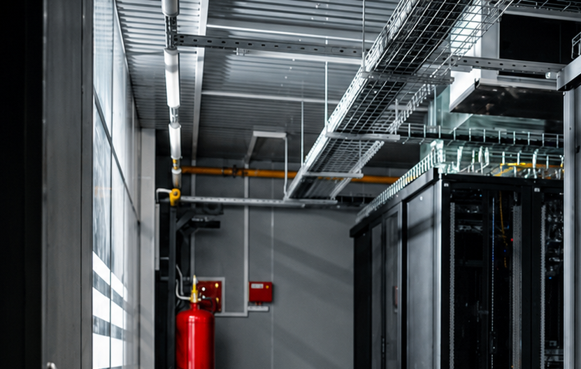 Interior of a data center with server racks, overhead wiring, and a fire extinguisher.