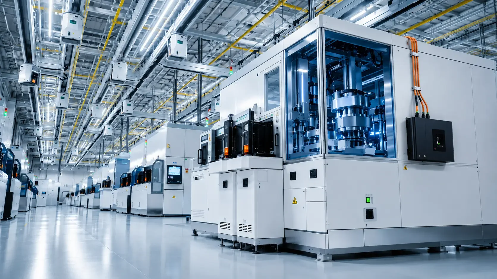Modern semiconductor manufacturing cleanroom with automated machinery and equipment.