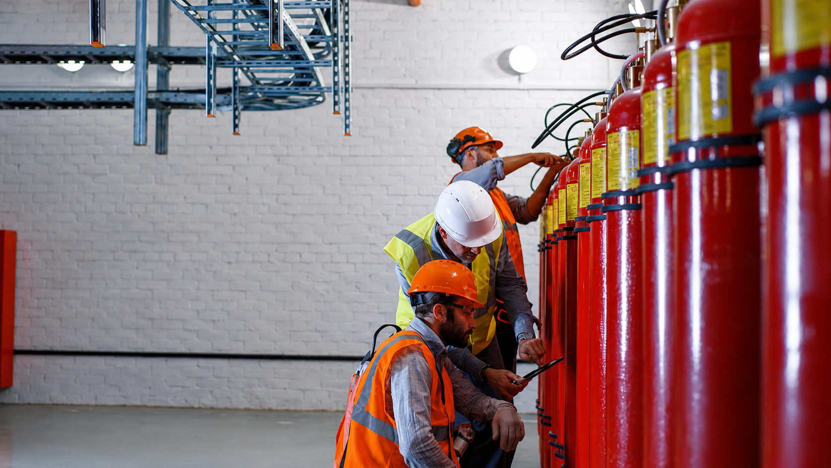 Three workers wearing safety helmets and vests inspecting fire extinguishers in a warehouse.