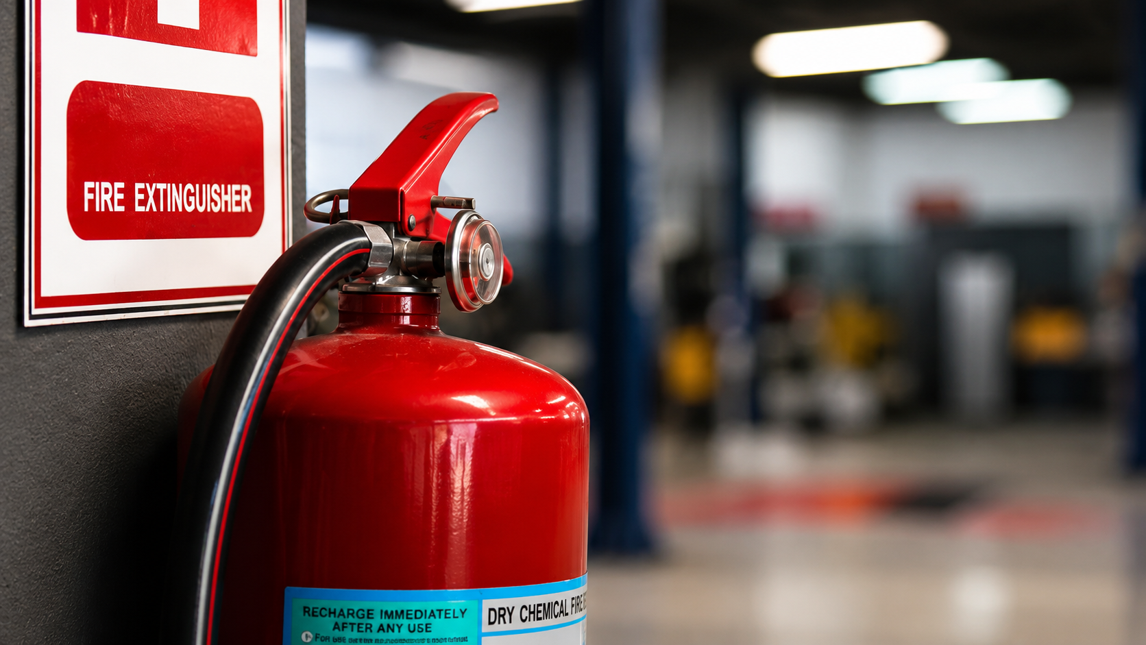 A red fire extinguisher mounted on a wall next to a red and white fire extinguisher sign in an industrial setting.