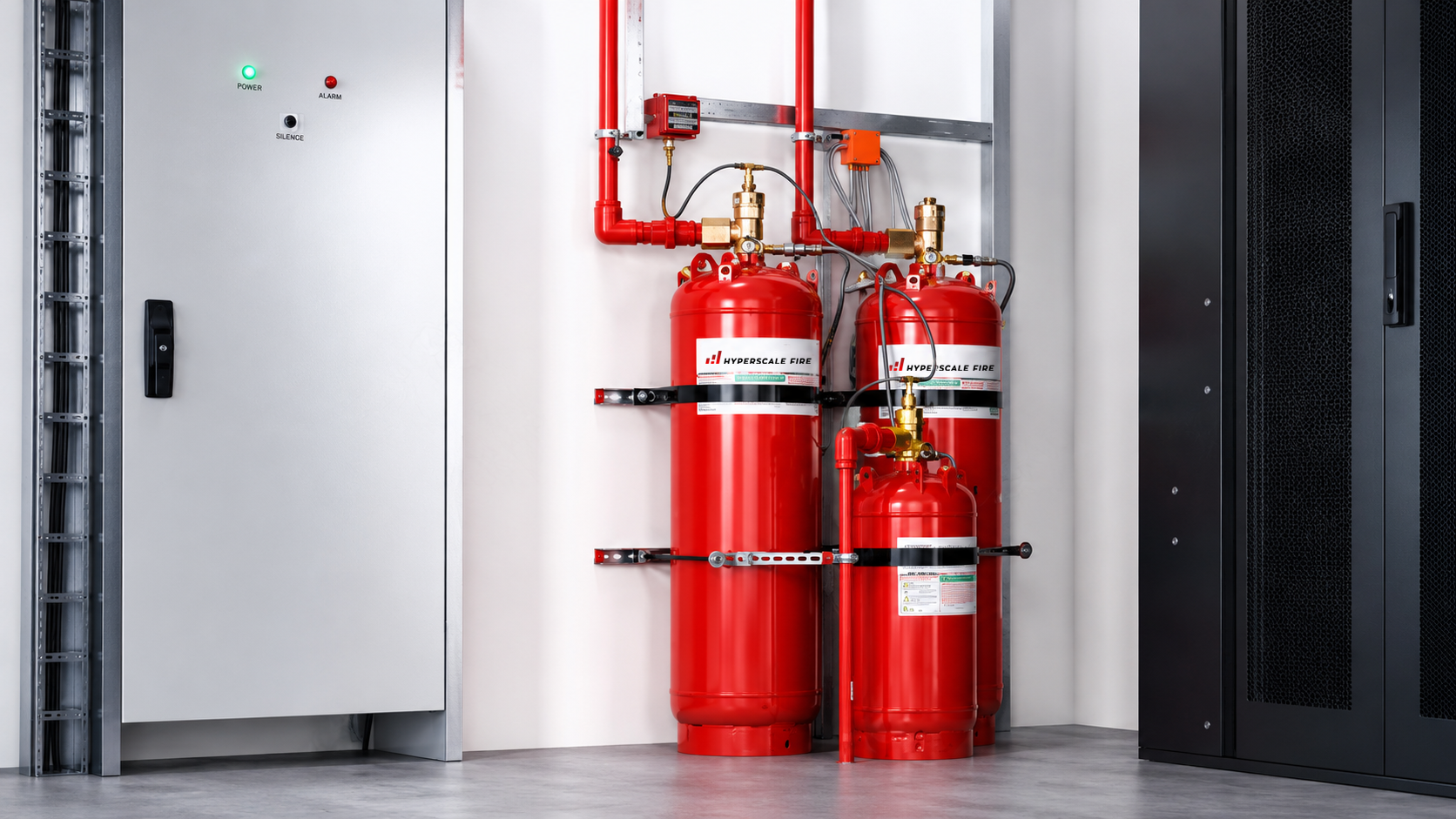 Fire suppression system with two red fire extinguishers, pipes, gauges, and control panels in a utility room.
