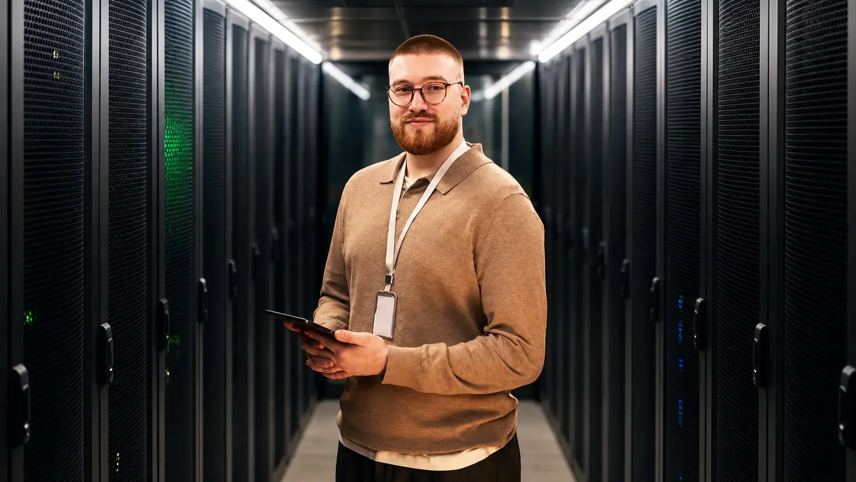 A man with glasses and a beard standing in a server room, holding a tablet, surrounded by black server racks with illuminated indicator lights.