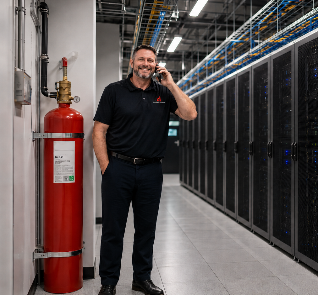 A man in a black polo shirt and black pants talking on the phone in a data center with server racks.