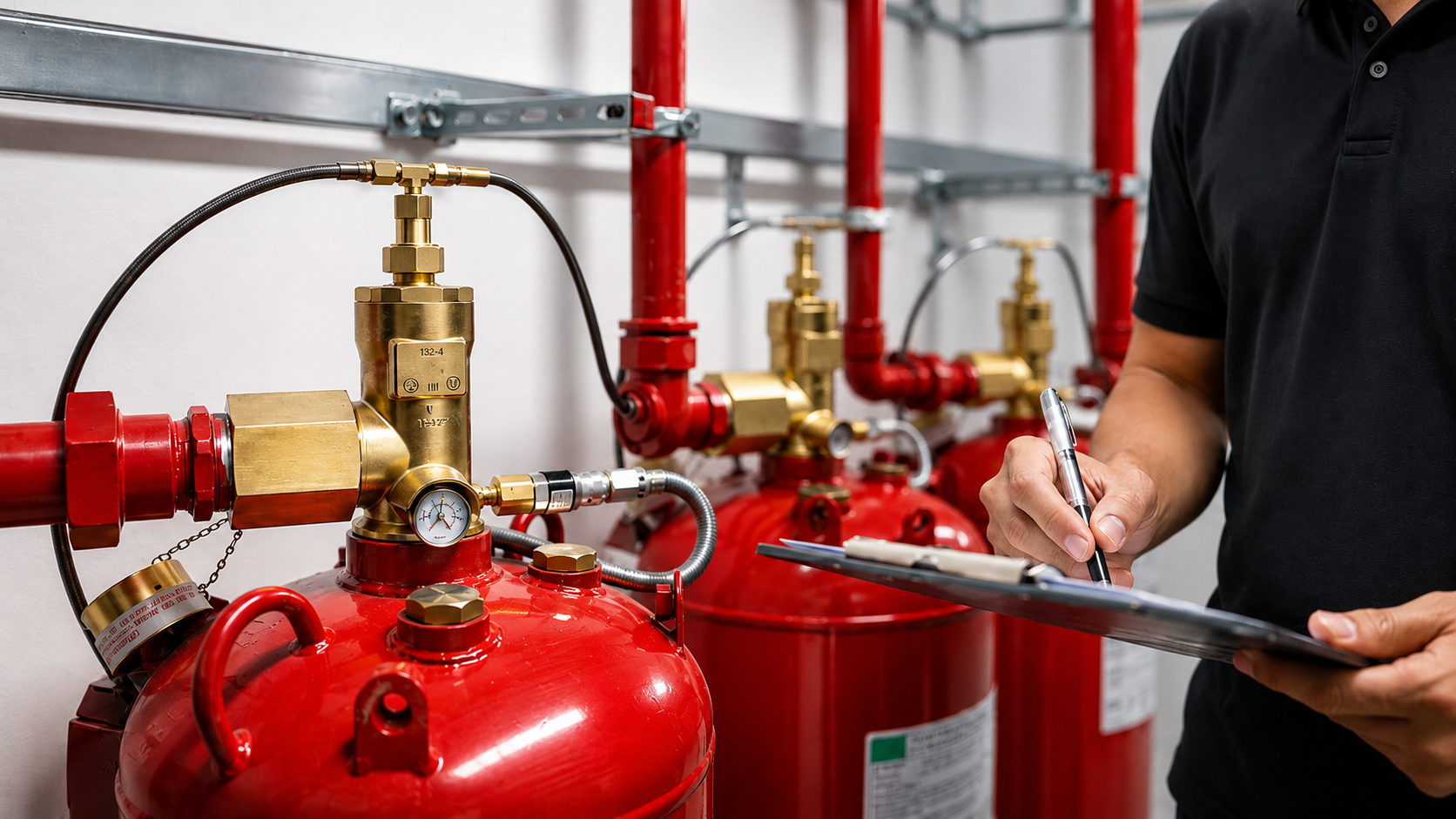 A person in black shirt holds a clipboard and pen, inspecting red fire suppression system cylinders with gauges and brass fittings mounted on a wall. Red pipes connect the cylinders in an industrial setting.