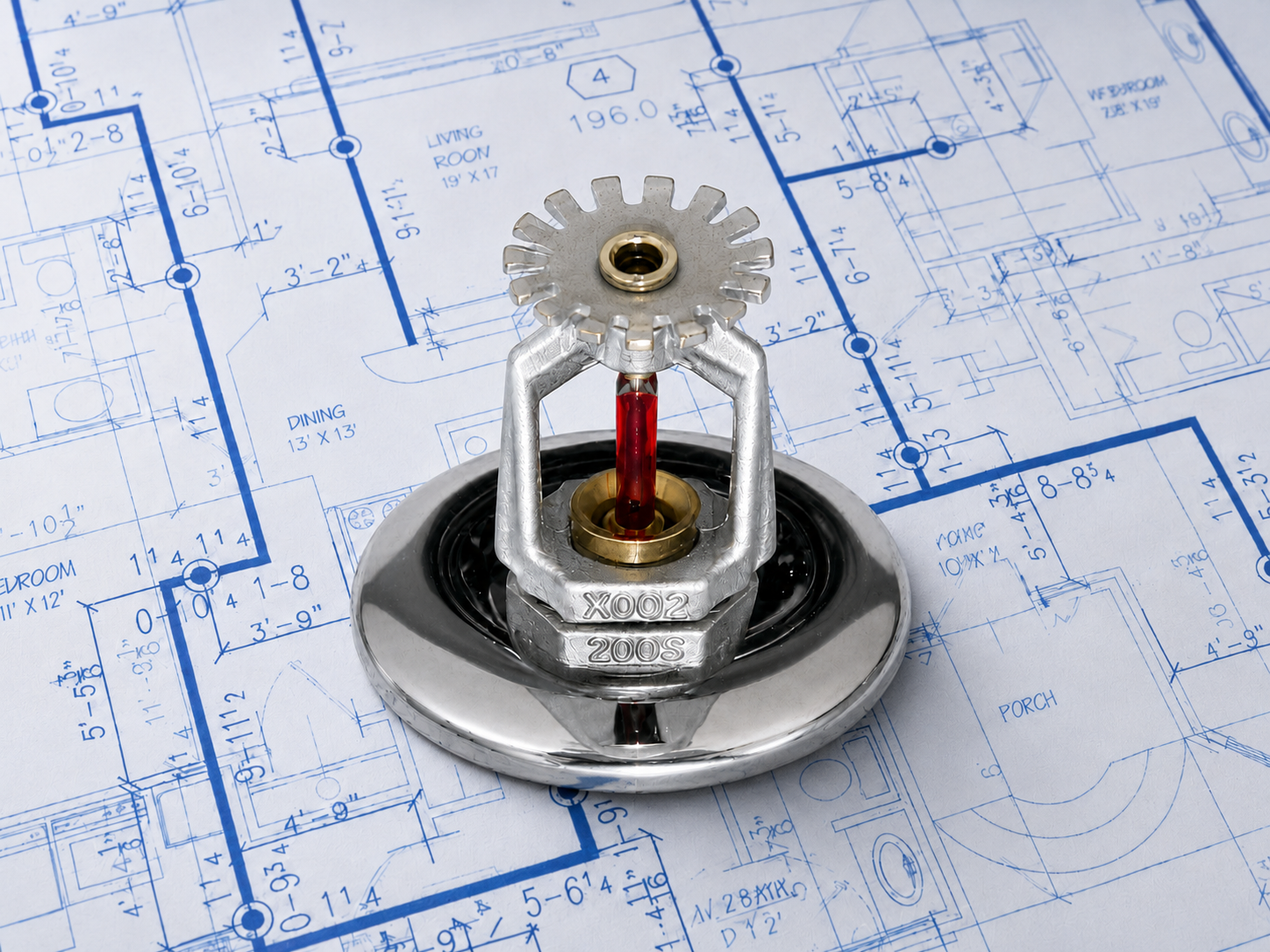 Garden sprinkler head placed on architectural floor plan blueprint.