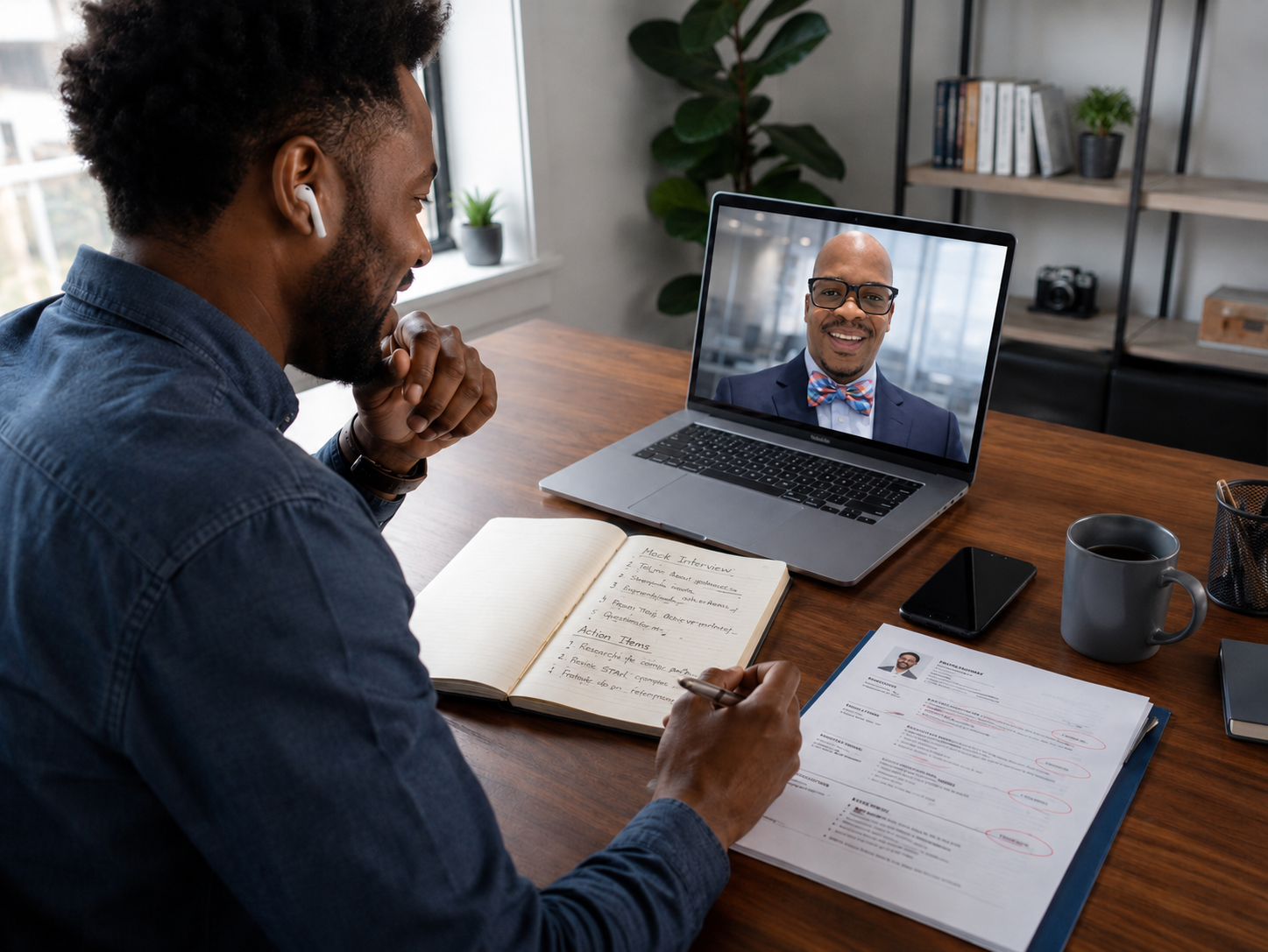 Job interview preparation session with Tshidi Khunou on laptop screen, showing CV review, interview coaching, and career development support in a modern workspace.