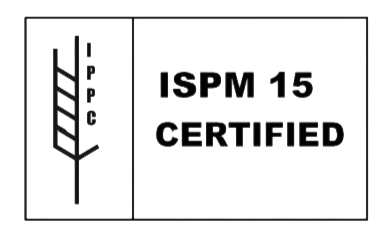Logo with a vertical wheat stalk and the words 'IPPC', alongside text 'ISPM 15 CERTIFIED'