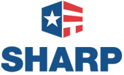 Sharp logo with a shield emblem featuring a star and stripes, accompanied by the word 'SHARP' in bold blue letters