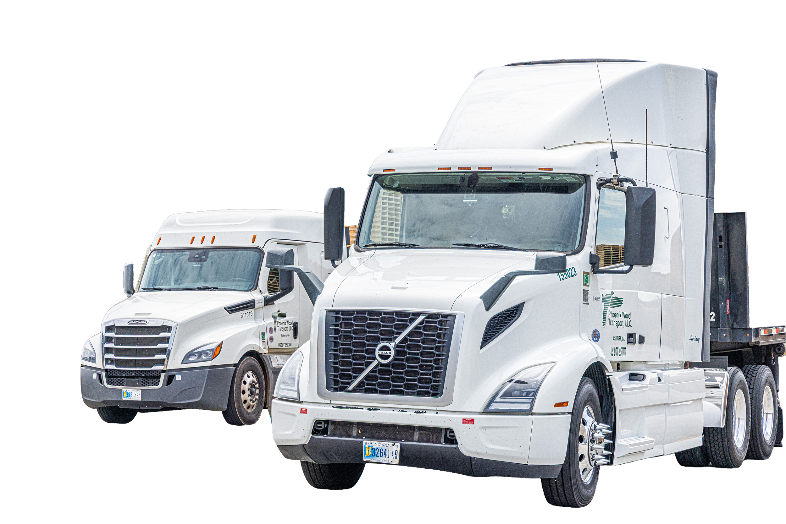 Two large white semi-trucks with company logos and license plates, parked in a row with a black background.