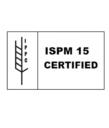 ISPM 15 CERTIFIED label with a stylized tree logo on the left and certification details on the right.