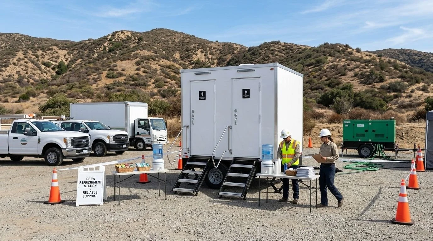 Portable crew refreshment station with tables, water bottles, and workers in safety gear, set up outdoors in a parking lot against a hilly backdrop.