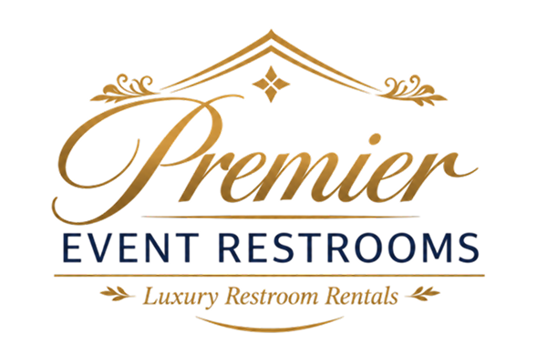 Logo for Premier Event Restrooms featuring gold decorative elements, with the text "Premier Event Restrooms" and "Luxury Restroom Rentals" in gold and navy blue.