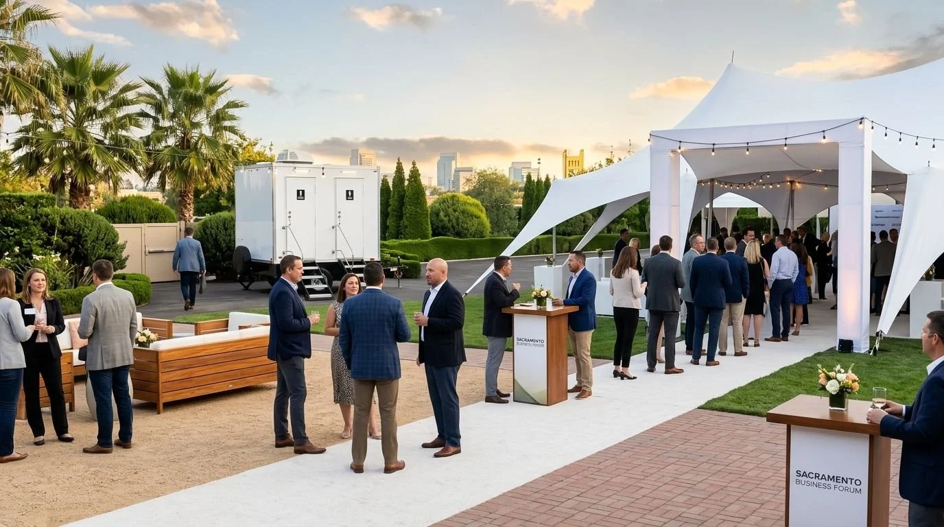 An outdoor business networking event with people socializing under a white tent, with some holding drinks, on a rooftop with city views and landscaped greenery.
