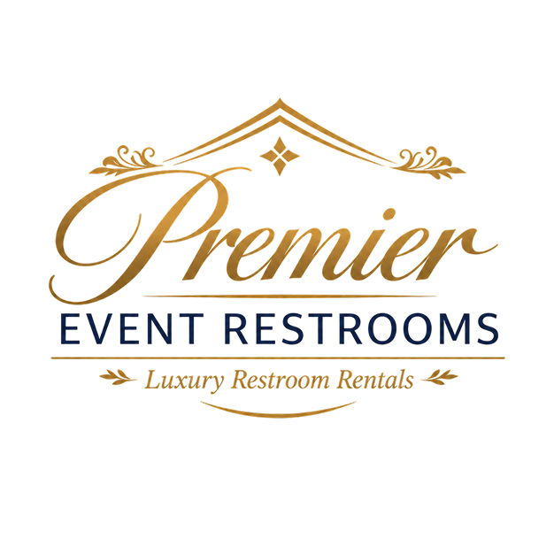 Logo for Premier Event Restroom with a gold and black design, featuring a stylized building roof and the text "Premier" in gold script, "Event Restroom" in blue, and "Luxury Restroom Rentals" in gold.