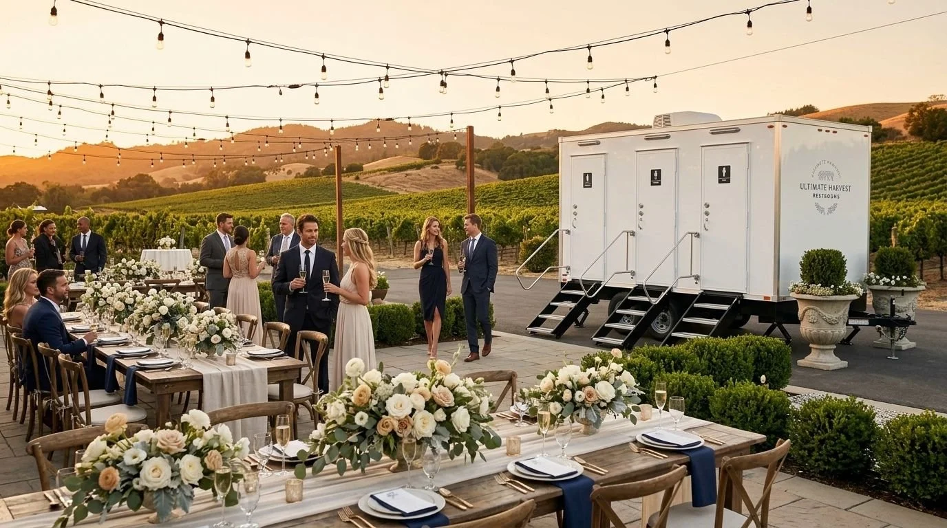 Outdoor wedding reception setup with long tables decorated with white flowers, set with plates and glasses, overlooking vineyards at sunset. Guests in formal attire are mingling near a mobile restroom trailer.