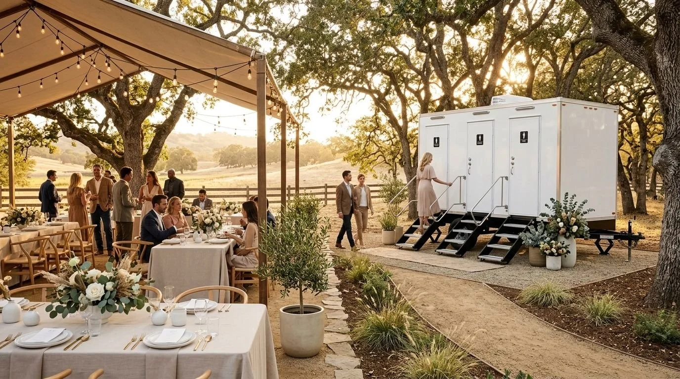 Outdoor wedding reception setup with tables, chairs, floral arrangements, and a portable bathroom trailer at sunset.