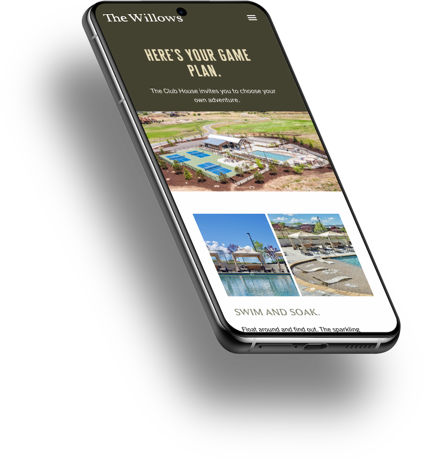 Smartphone displaying a resort or club house website with a pool area and outdoor amenities.