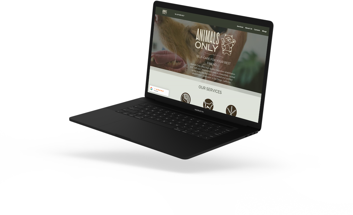 Open laptop displaying the homepage of 'Animals Only,' a website for animal care services, with an image of a dog and menu options at the top.